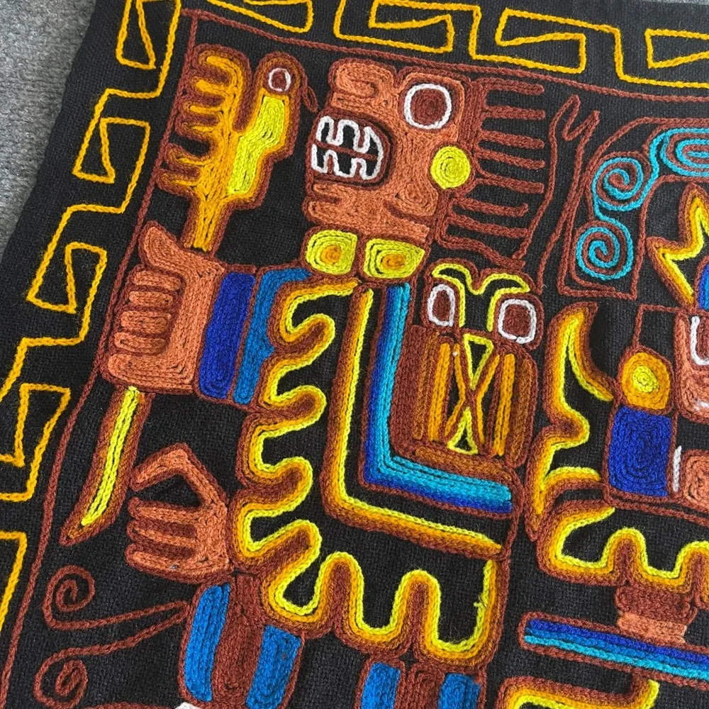 Vintage Peruvian Hand Embroidered Textile Wall Hanging Andean Folk Art Black
